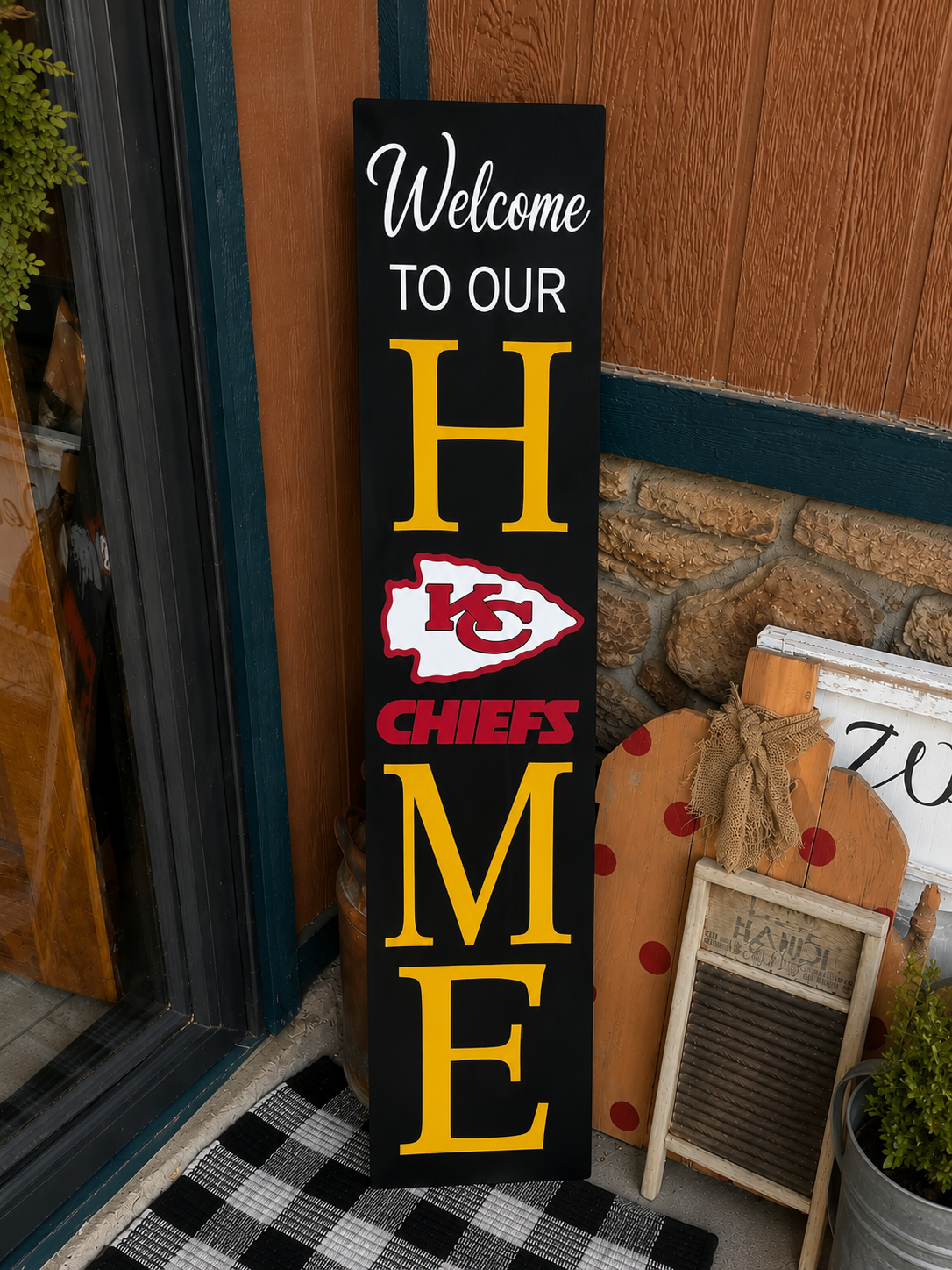 🏈 Kansas City Chiefs Porch Sign – Vertical Pine Welcome Sign